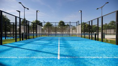  Mavi yüzeyi, projektörleri ve cam yapısıyla donatılmış bir padel kortunun arka görüntüsü