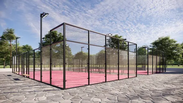 Pembe yüzeyi, projektörleri ve cam yapısıyla donatılmış Padel kortunun köşesi.