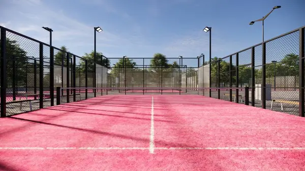 Güneşli bir günde pembe renklerle arka plan Padel tenis kortu