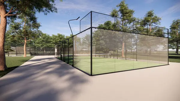 Yeşil bir Padel raket tenis kortunun köşesi. 