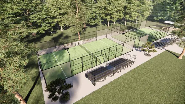 Yeşil padel kortlarının havadan görünüşü gündüz vakti tenis sahasında