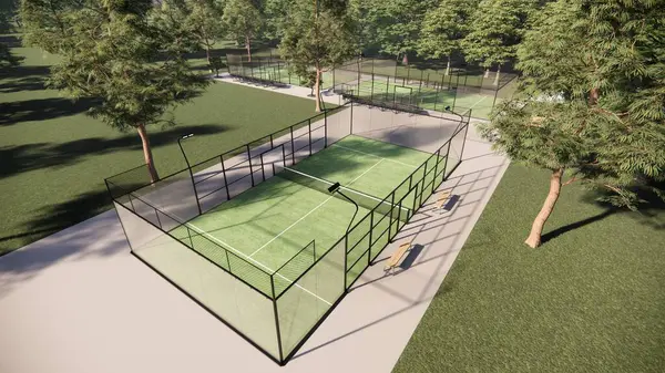 Yeşil ve mavi renkli tenis kortlarının havadan görünüşü ağ, ışık ve çit içerir