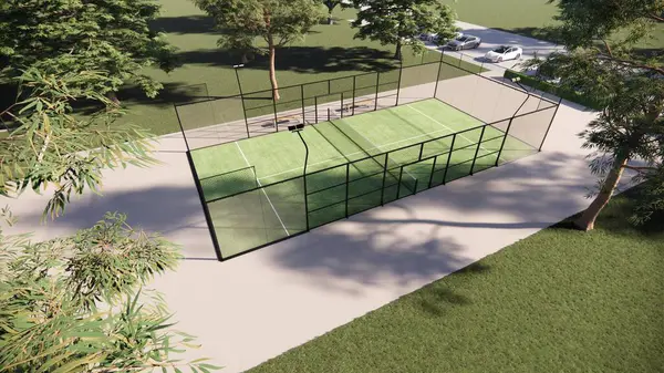 Padel kortlarının gündüz vakti tenisin havadan görünüşü