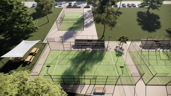 Yeşil padel kortlarının havadan görünüşü tenis kortları