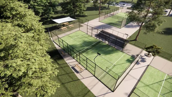 Yapısı ağ ve cam arka duvarlar tarafından oluşturulan havadan görüşlü padel kortları.