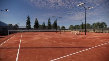 Kırmızı kil tenis kortu, açık havada, ışıkları ve seyirci koltukları var.