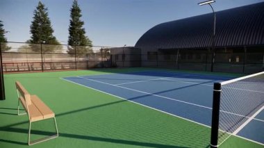 tennis court blue and green color surface, outdoors, has lights and spectator seats