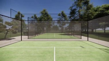 zoom out empty padel court with green flooring, metal frame and glass walls Closeup. 3d animation Located in the sports complex facility area concept. 4k footage