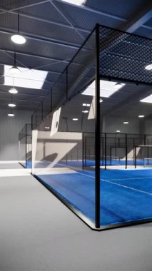 Spor tesisi bölgesinde bulunan bir depo binasının içindeki boş yeşil ve mavi padel tenis kortlarının gerçek görüntüsü. Gündüz aydınlatma armatürleri aydınlatılmış