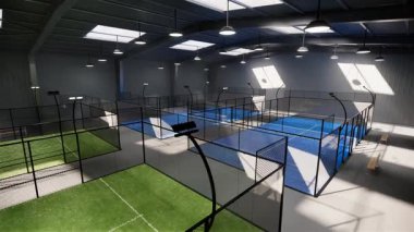 Boş yeşil ve mavi padel tenis kortlarının 3D canlandırması