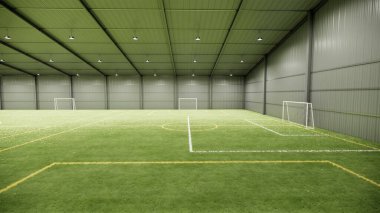 Modern Sports Hall with Multiple Soccer Goals and LED Lights