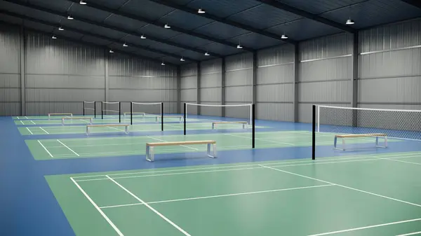 Badminton kortları ve bankları olan kapalı spor salonu