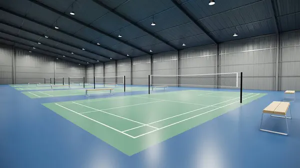 Depo binasında simetrik mahkeme düzeni olan kapalı Badminton Arena