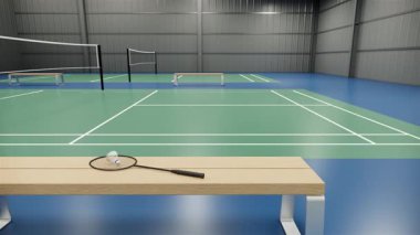 Kapalı alanda badminton kortunda pikapın ve raketin yakın çekim görüntüleri.