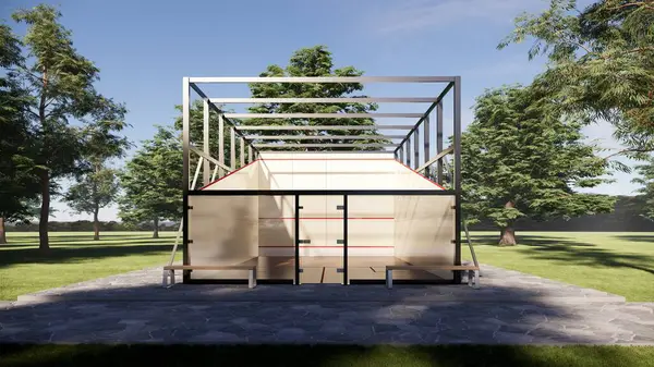 Ahşap döşemeli ve kırmızı çizgili Squash Court arenasının önü.