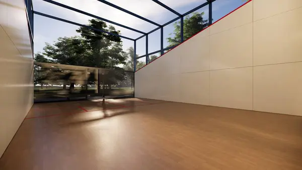 Mavi Gök Altında Ahşap Döşeme ve Metal Yapılı Squash Court