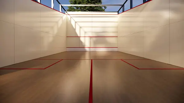 Sıcak ahşap iç ve kırmızı çizgili Squash Court
