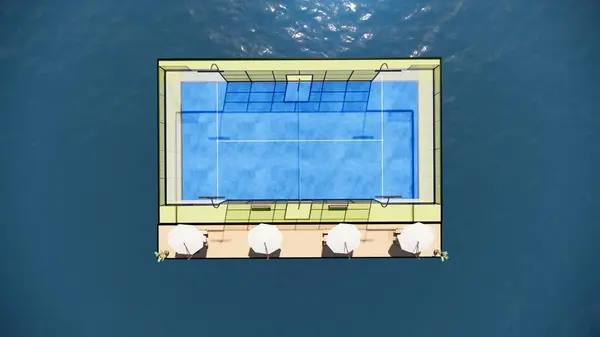 Okyanusta yüzen Padel tenis kortu konsepti