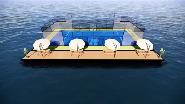 Top view Padel tenis kortu konsepti okyanus üzerine