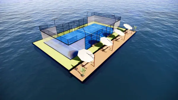 Mavi Gök Altında Şemsiyeler ve Bençlerle Okyanus 'ta Yüzen Padel Adliyesi' nin 3 boyutlu canlandırması
