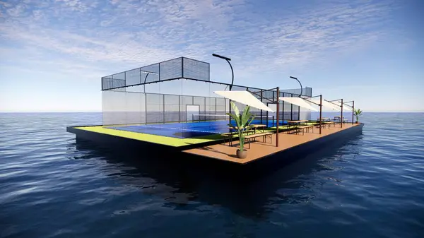 Viraj manzaralı Tropikal yüzen Padel Court, 3D okyanus manzaralı bank ve gölgesi