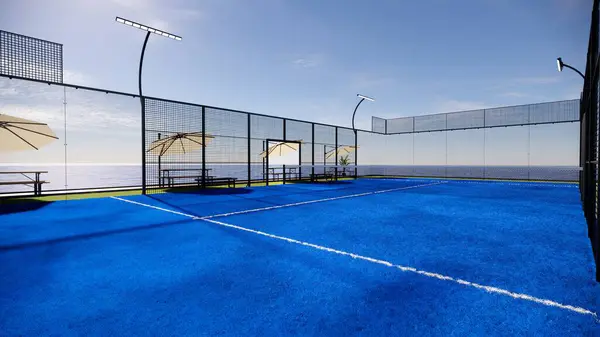 Viraj manzaralı, 3D okyanus manzaralı bank ve gölgeli Padel Court.