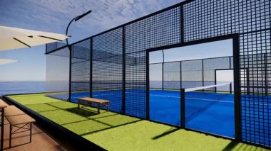 Okyanusta bir mavnada yüzen mavi bir padel tenis kortunun kayan fotoğrafı.
