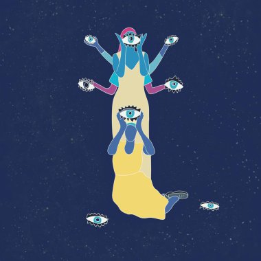 Illustration magical girls women eyes cosmos planets universe stars magic witches on a blue background on a starry background