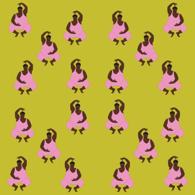 illustration set background green yoga black afro woman thick curvy female form harmony lotus pose studio meditation pink suit