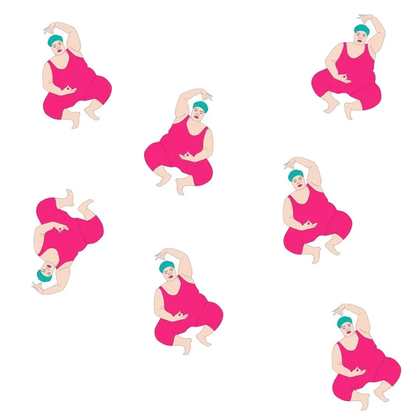 İllüstrasyon arka plan siyah çizgiler çiziyor. Yoga beyaz kadın kıvrımlı kadın. Uyumlu Lotus, stüdyo meditasyonu pembe takım elbise.