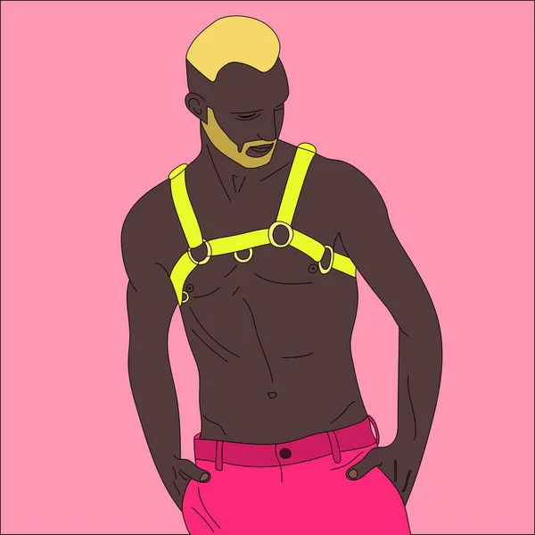 穿着粉色白色泳衣穿着漂亮朋友彩虹背景的性感黑人黑发男子图片 — 图库矢量图片