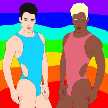 Illustrasyon seksi Igbt erkek esmer pembe beyaz bir mayo içinde güzel bir arka plan arkadaşı gökkuşağı erotik çıplak