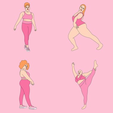 İllüstrasyon vektör yoga seti artı boyut modeli pembe poz kız mayo arka plan çizimi siyah beyaz çizgiler desenli spor Asana dekoratif şekil ayakta duruş şekli