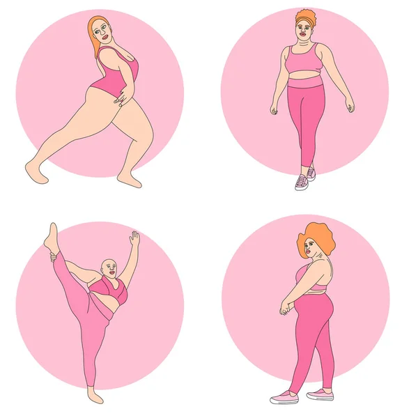 Illustration Vector Yoga Icons Set Size Model Fat Pink Pose — Stock Vector