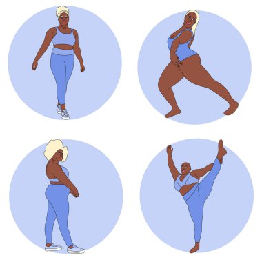 İllüstrasyon vektör yoga seti artı boyut modeli mavi poz kız mayo arka plan çizimi siyah beyaz çizgiler desenli spor Asana dekoratif şekil ayakta duruş şekli