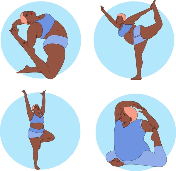 İllüstrasyon vektör yoga seti artı boyut modeli mavi poz kız mayo arka plan çizimi siyah beyaz çizgiler desenli spor Asana dekoratif şekil ayakta duruş şekli