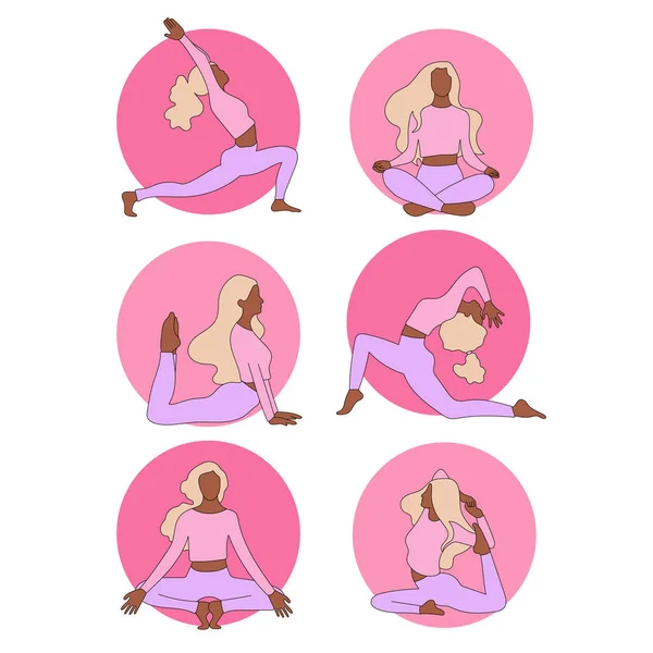 Ilustración Conjunto Vectores Yoga Niña Pose Asana Botón Icono Rosa — Vector de stock