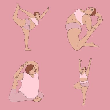 İllüstrasyon vektör yogası artı boyut modeli poz ver kızlar mayolu arka plan çizimi siyah beyaz çizgiler çiziyor spor desenleri belirle asana dekoratif poz figürü pembe 