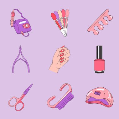 Görüntü Vektörü Ağı Manikür Ustası Makas Lamba Jel Cilalı Palet Pembe Daktilo Seti