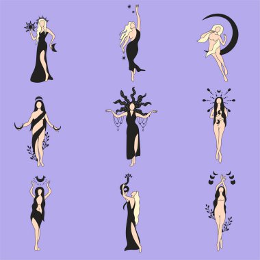 Vector Illustration Seth Girl Magic Hecate Witch Moon Goddess Femininity Black Yellow Purple Long Hair clipart