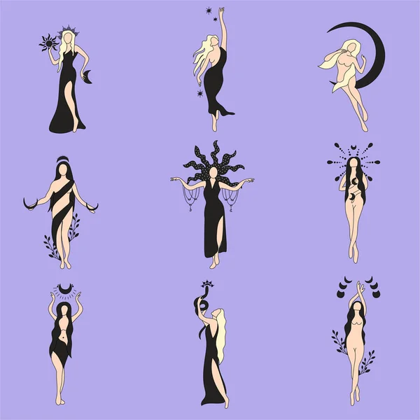 Vektor Illustration Seth Mädchen Magie Hekate Hexe Mond Göttin Weiblichkeit — Stockvektor
