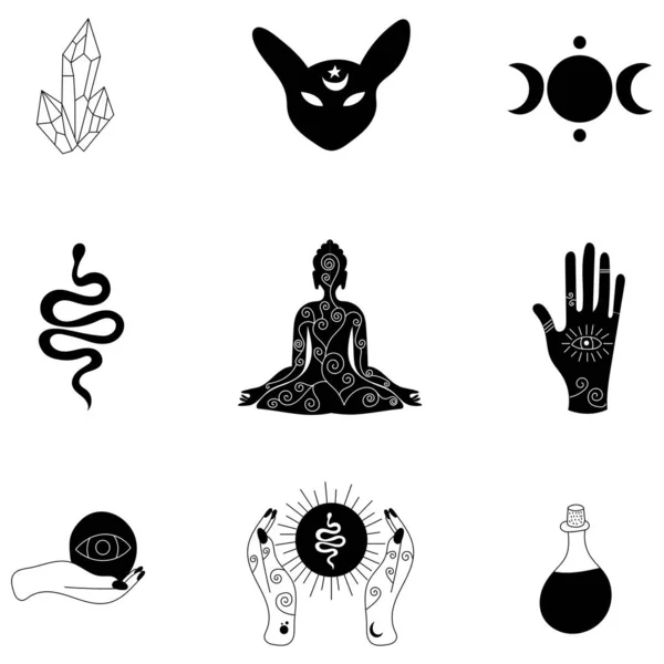 Набір Магічних Символів Знаків Рука Змія Місяць Магічний Будда — стоковий вектор