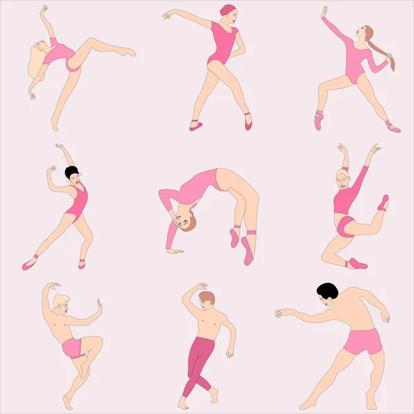 一组男女芭蕾舞演员的姿势 — 图库矢量图片