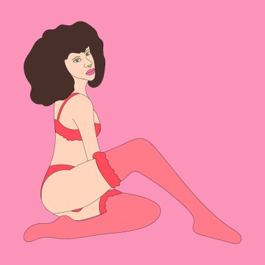 Ressam kız modelin poz verdiği spor Yoga spor üniforması siyah beyaz çizim çizimi uzun saçlı esmer, seksi desenli.