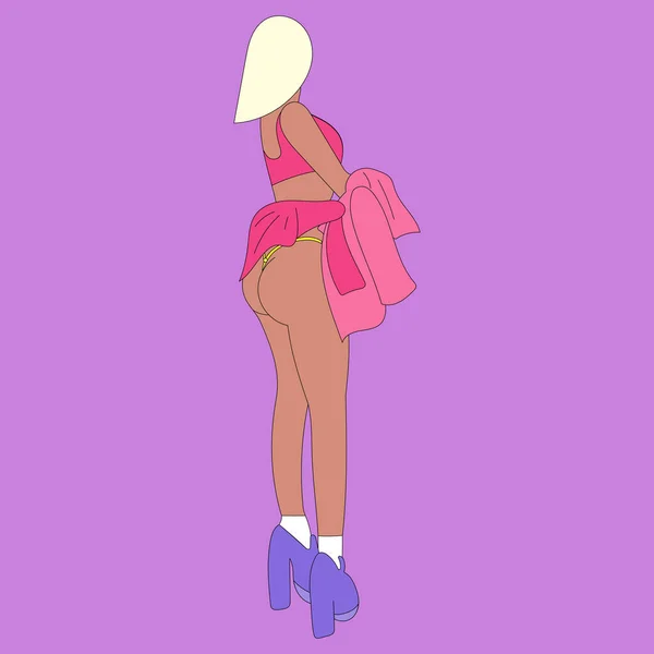 图上的女孩模特比基尼裸体性感短裙跟背景从黑白线素描图案印出粉色紫色金发红头发 — 图库矢量图片