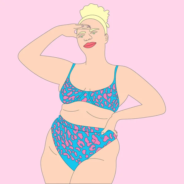 Illustration Einer Frau Einem Badeanzug Afro Schwarz Fett Blond Glücklich — Stockvektor