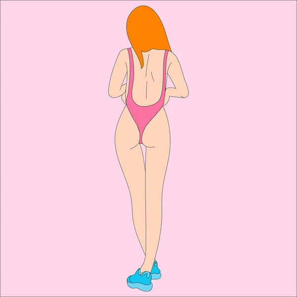 Illustration Girl Standing Her Back Sneakers Swimsuit Red Hair Pink — Stock Vector