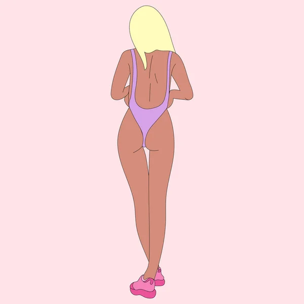 Illustration Girl Standing Her Back Sneakers Swimsuit Red Hair Pink — Vetor de Stock