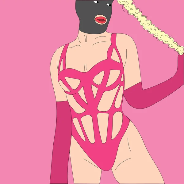 Illust Meisje Vrouw Sexy Bdsm Masker Vitiligo Pigtail Haarstijl Zweep — Stockvector
