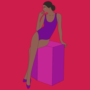 Örnek kız biki mayo giyip poz veriyor. Saç stili topuz ayakkabılar. Arka plan çizimi. Siyah beyaz çizgiler çiziyor.